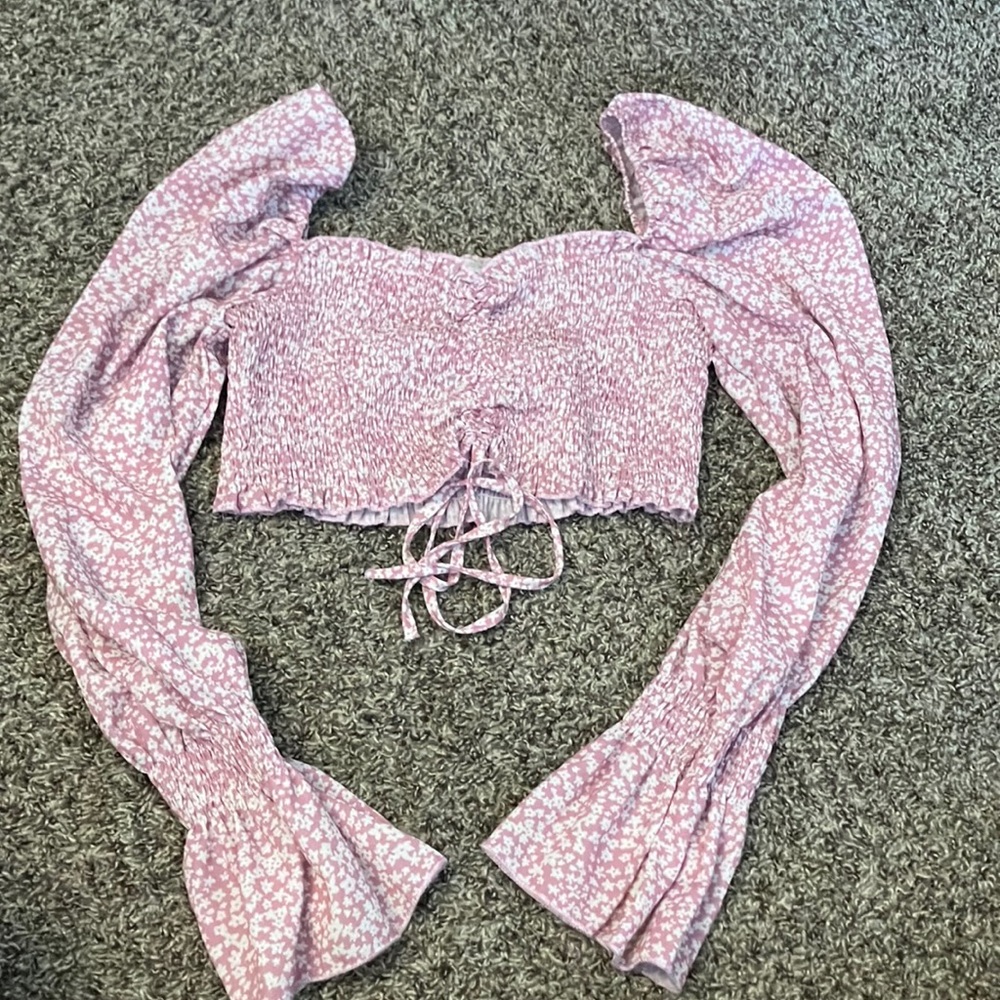 Pink Ruched Crop Blouse with Tie Front